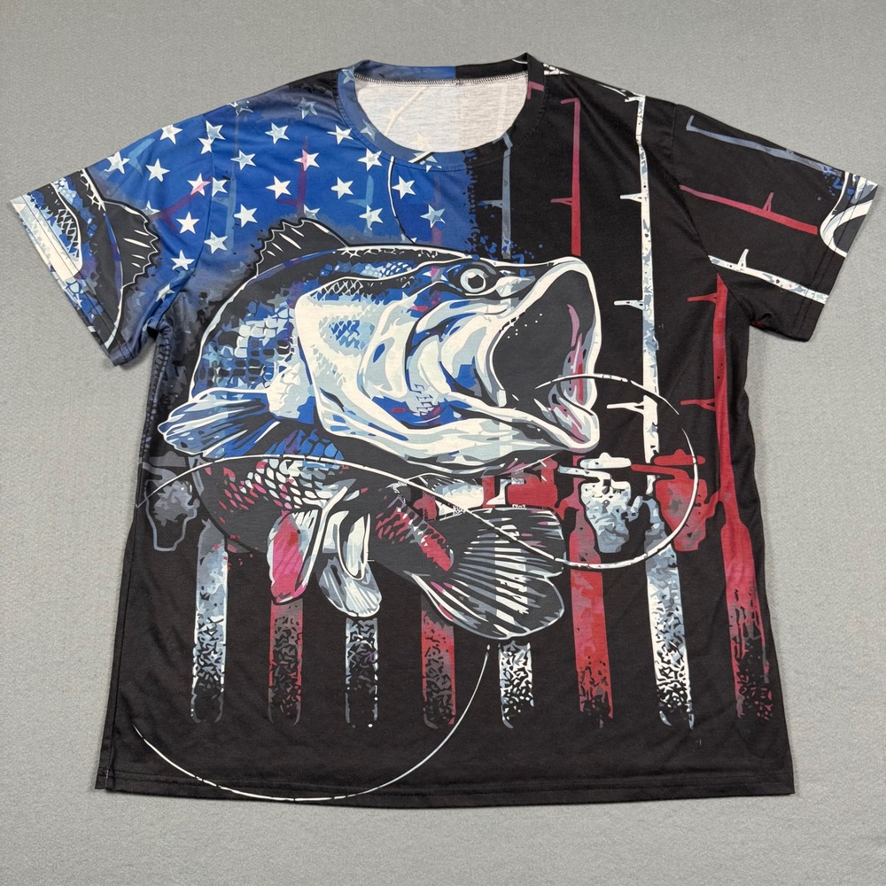 Bass Fishing American Flag Graphic T-Shirt Mens Patriotic Sublimation Tee XL